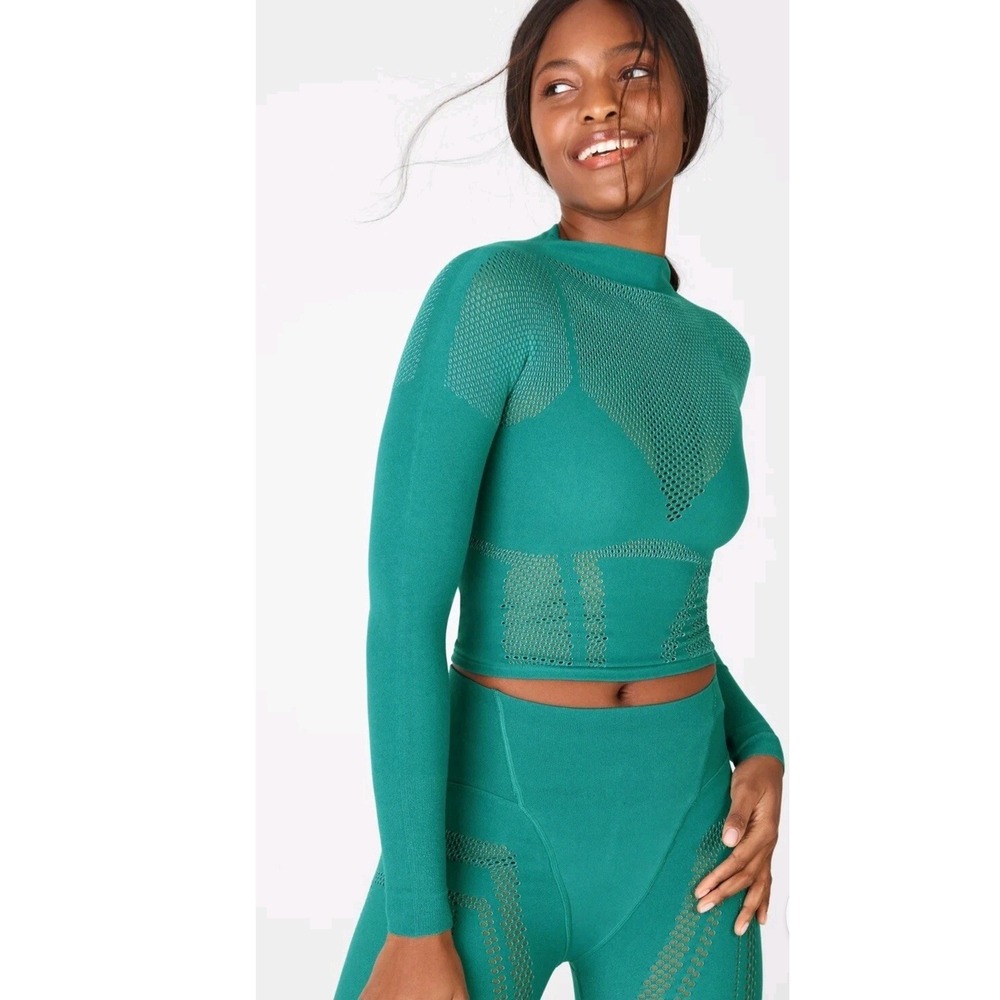 Fabletics Peyton SculptKnit Top Womens L Teal  Mock Neck Mesh Activewear Workout - Picture 9 of 9